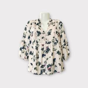 Maurices Womens Lt. Pink Floral Ruffle Neck W/ Crochet Details Blouse | Size S